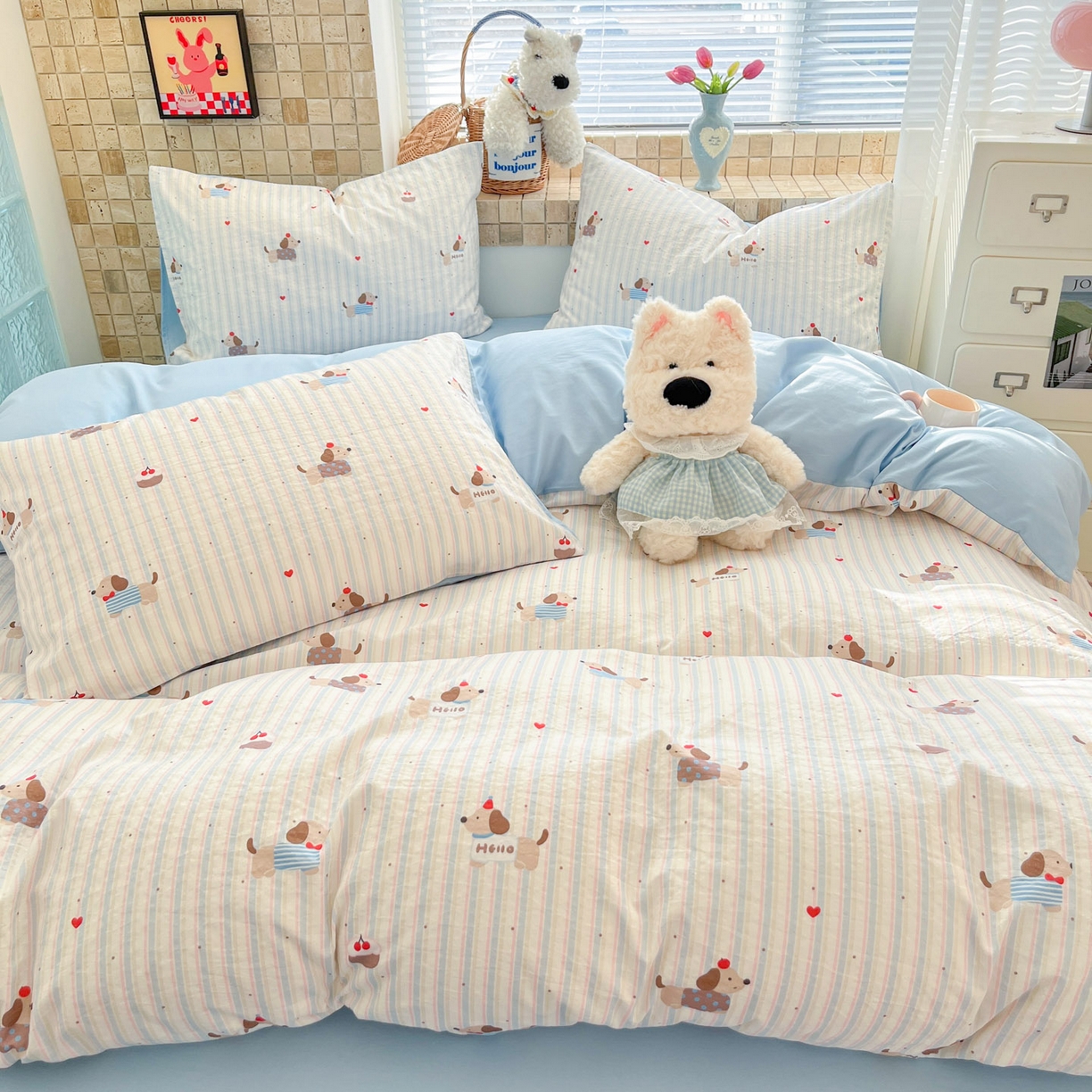 91家纺网 家纺一手货源 找家纺 川悦生活 2026新款云感双层纱木棉四件套 腊肠甜心