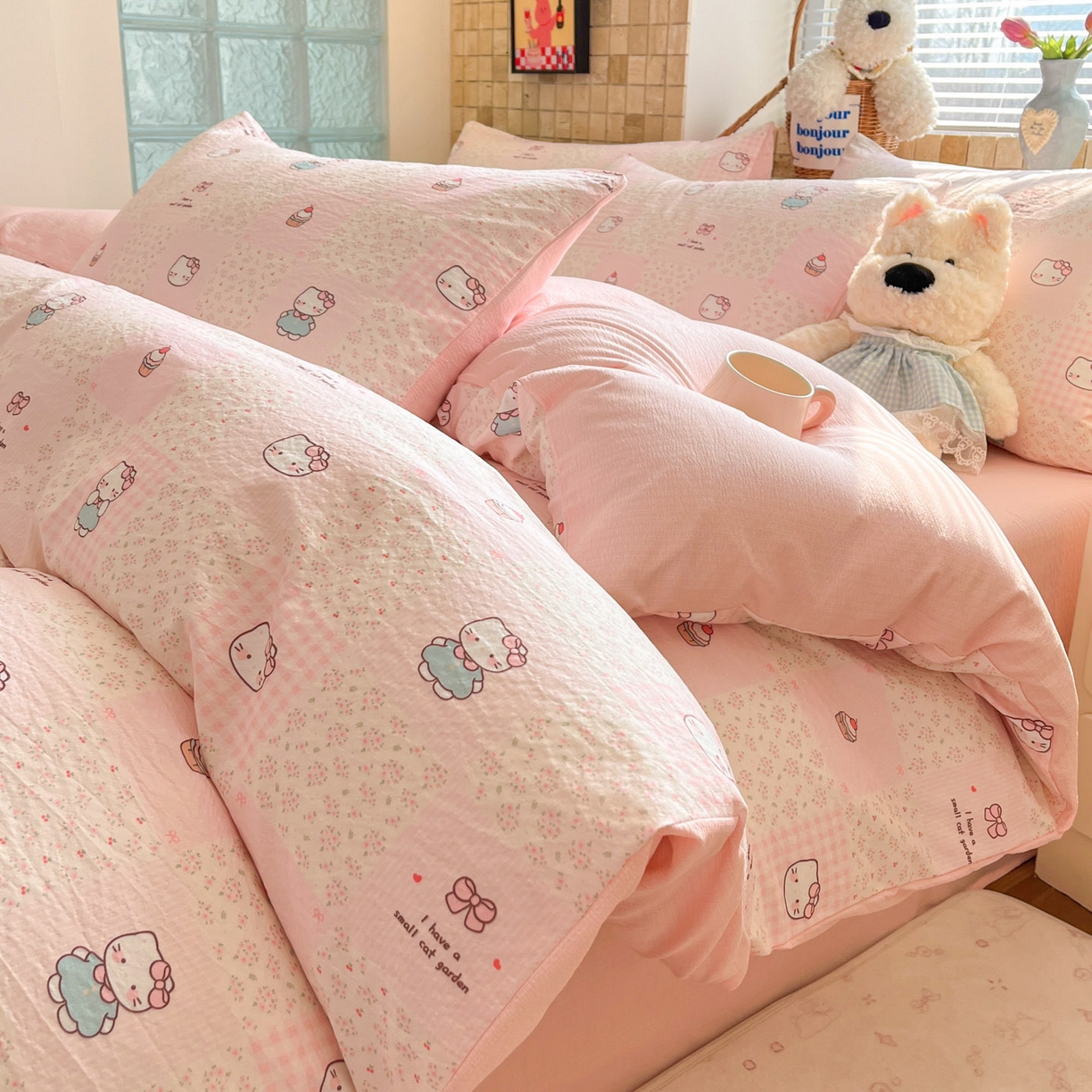 91家纺网 家纺一手货源 找家纺 川悦生活 2026新款云感双层纱木棉四件套 奶油糕糕喵