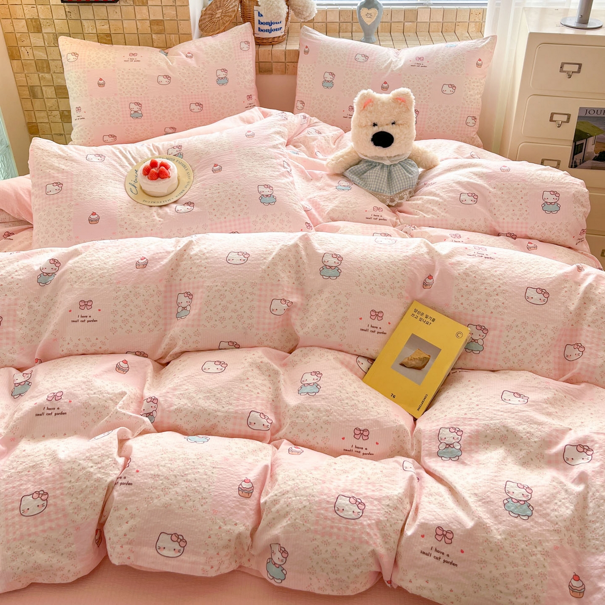 91家纺网 家纺一手货源 找家纺 川悦生活 2026新款云感双层纱木棉四件套 奶油糕糕喵