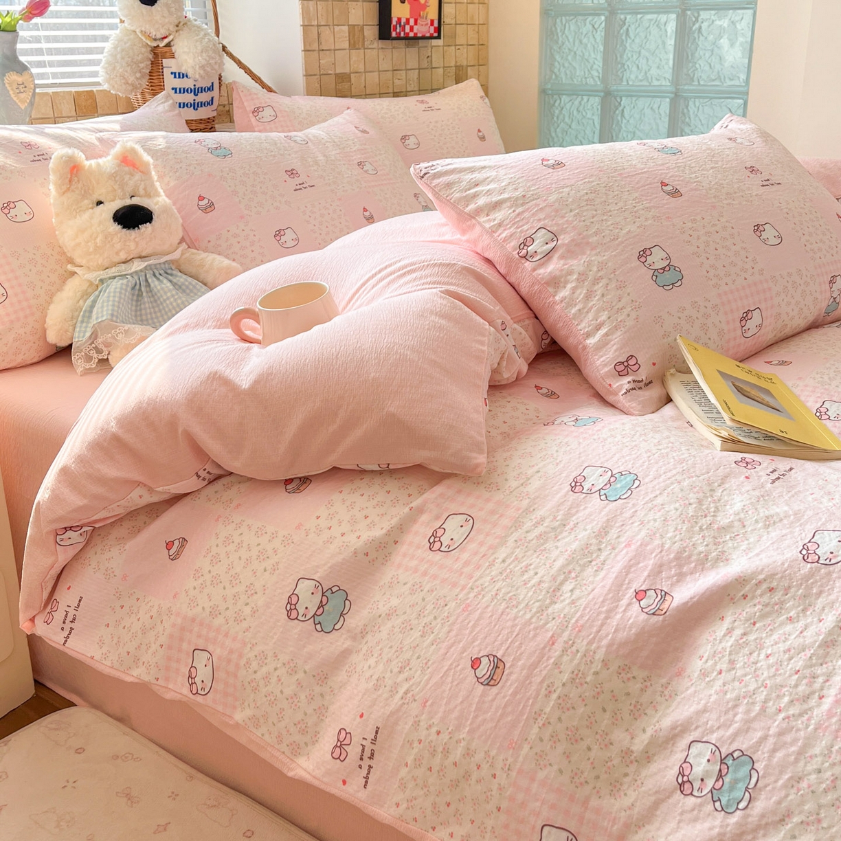 91家纺网 家纺一手货源 找家纺 川悦生活 2026新款云感双层纱木棉四件套 奶油糕糕喵