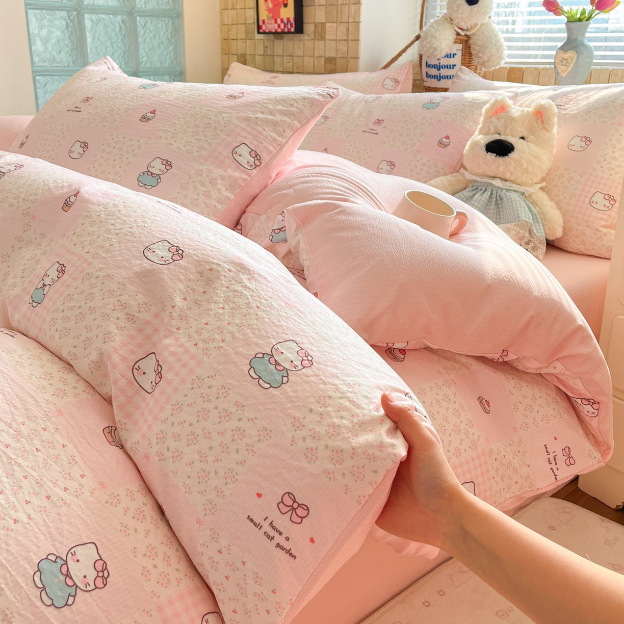 川悦生活 2026新款云感双层纱木棉四件套 奶油糕糕喵
