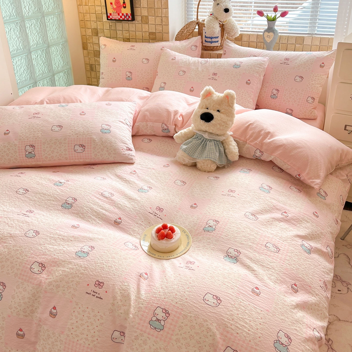 91家纺网 家纺一手货源 找家纺 川悦生活 2026新款云感双层纱木棉四件套 奶油糕糕喵