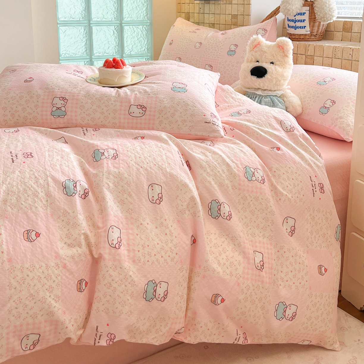 91家纺网 家纺一手货源 找家纺 川悦生活 2026新款云感双层纱木棉四件套 奶油糕糕喵