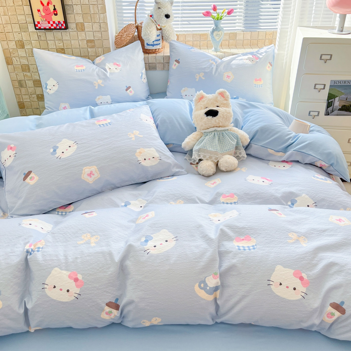 91家纺网 家纺一手货源 找家纺 川悦生活 2026新款云感双层纱木棉四件套 汽水小咪