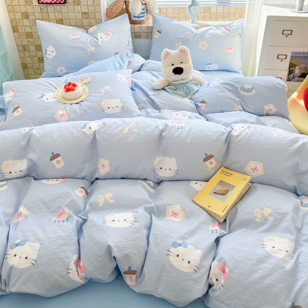 91家纺网 家纺一手货源 找家纺 川悦生活 2026新款云感双层纱木棉四件套 汽水小咪