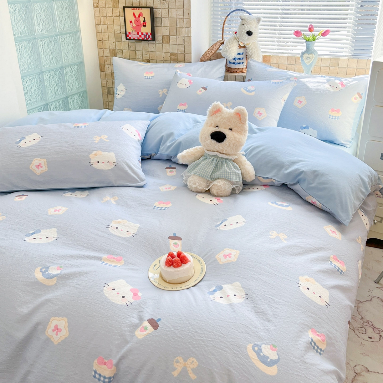 91家纺网 家纺一手货源 找家纺 川悦生活 2026新款云感双层纱木棉四件套 汽水小咪