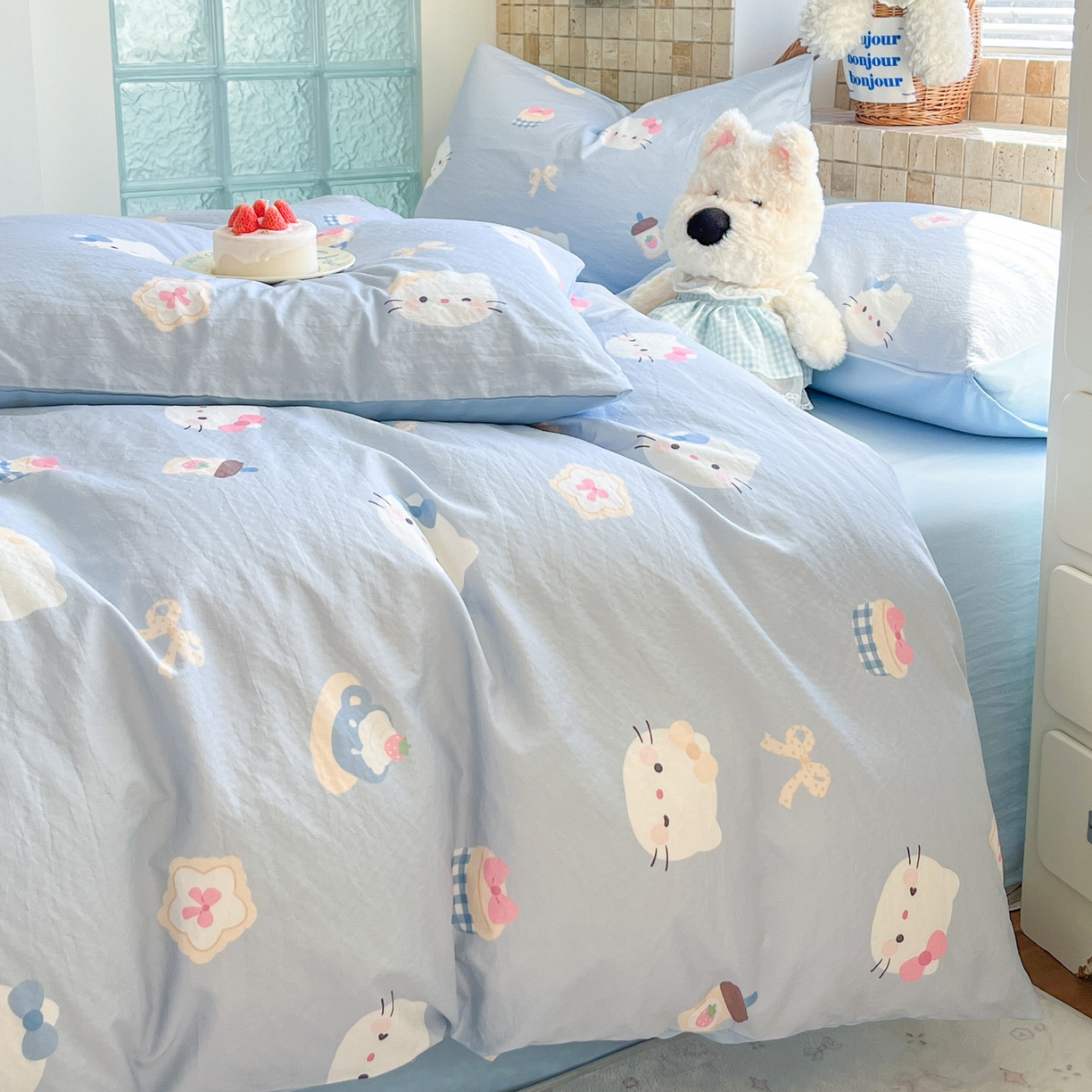 91家纺网 家纺一手货源 找家纺 川悦生活 2026新款云感双层纱木棉四件套 汽水小咪