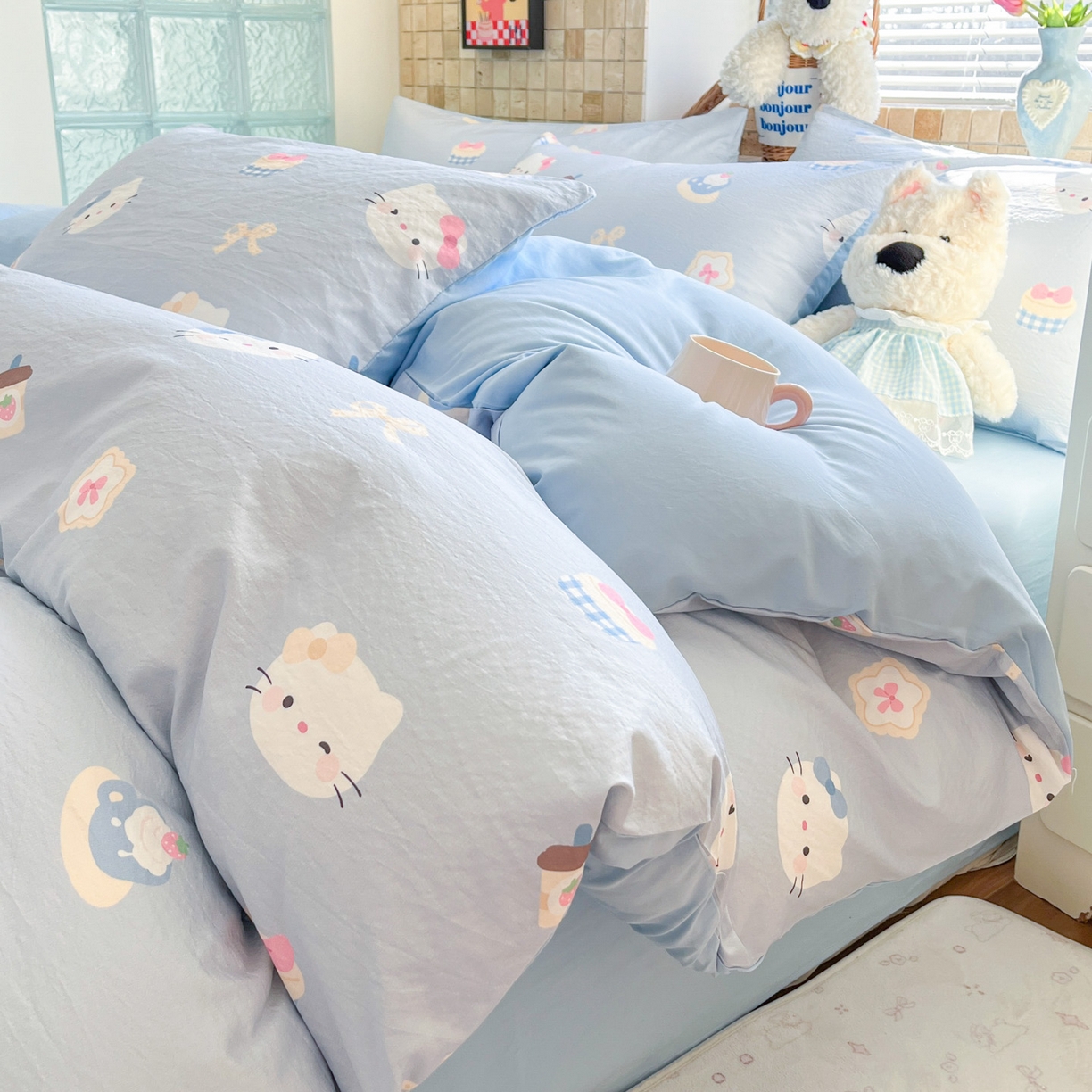 91家纺网 家纺一手货源 找家纺 川悦生活 2026新款云感双层纱木棉四件套 汽水小咪