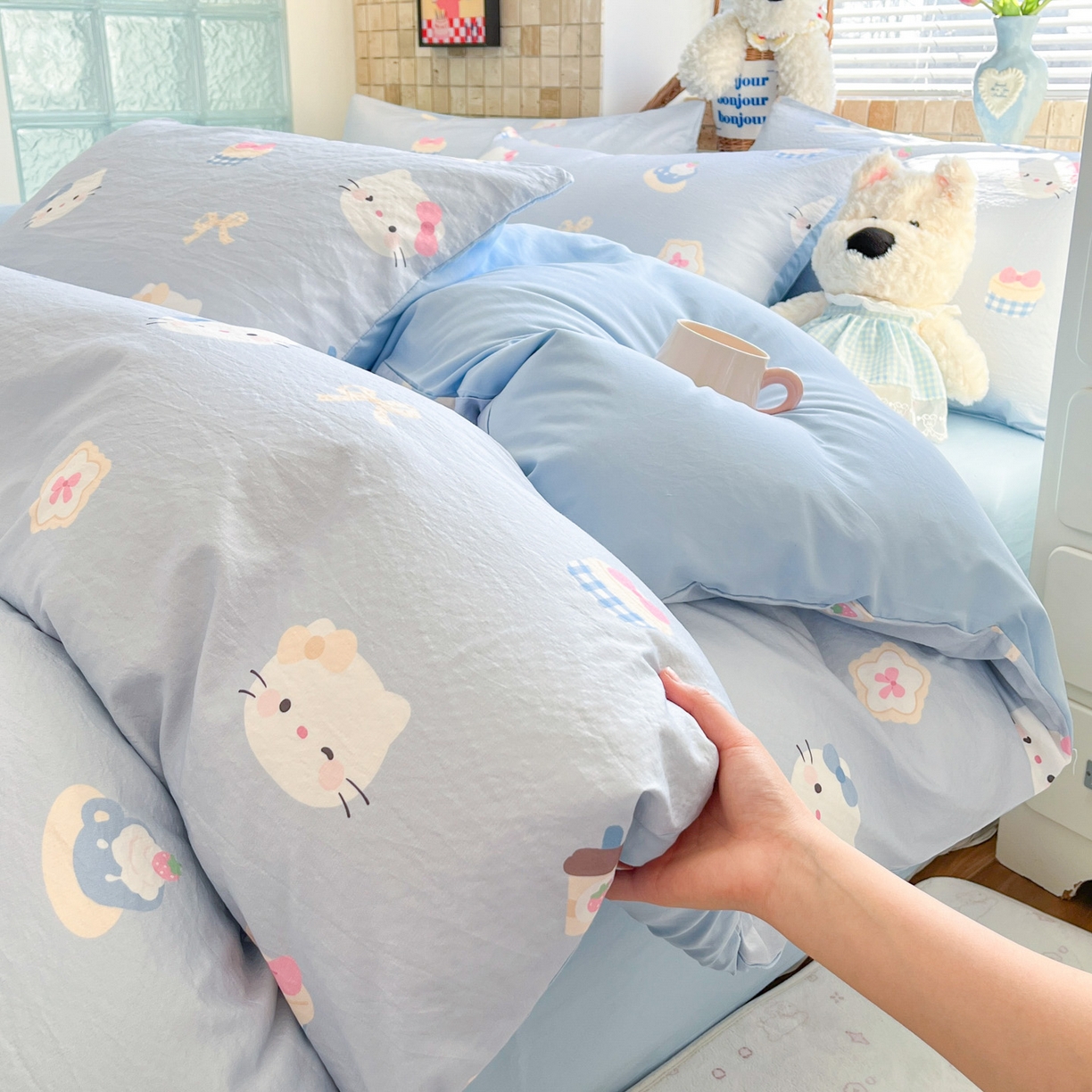 川悦生活 2026新款云感双层纱木棉四件套 汽水小咪