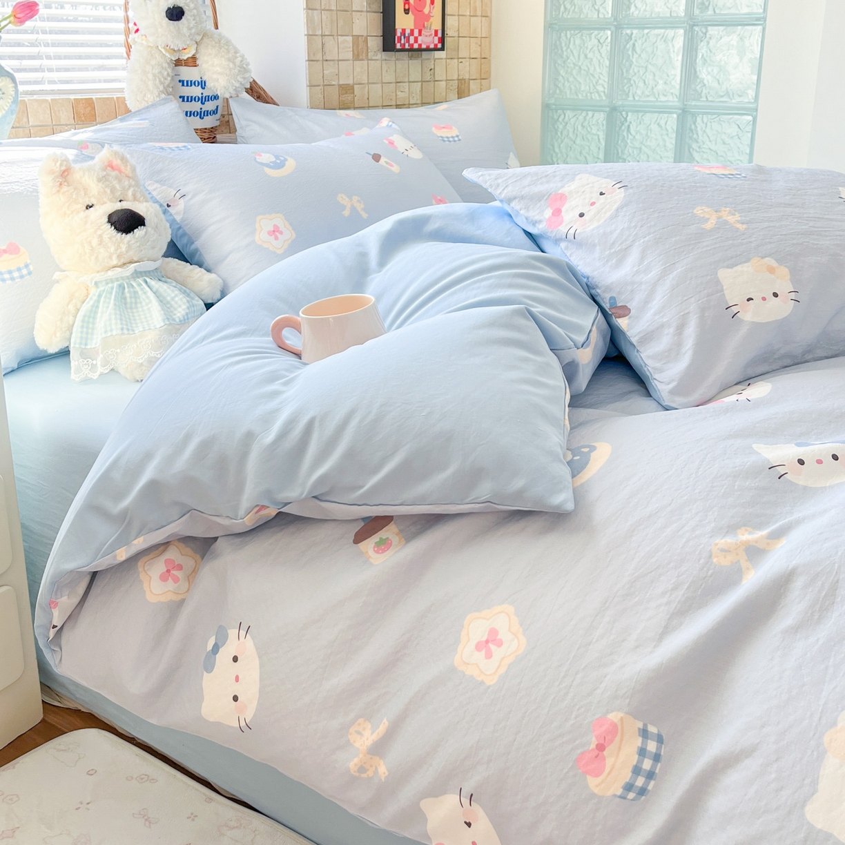 91家纺网 家纺一手货源 找家纺 川悦生活 2026新款云感双层纱木棉四件套 汽水小咪