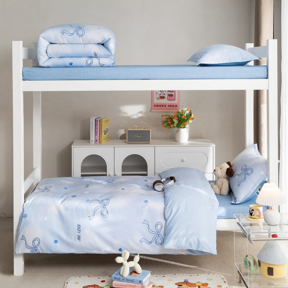 91家纺网 家纺一手货源 找家纺 梦纤绒 2026春夏新款全棉纯棉印花学生宿舍三件套 云朵蓝结