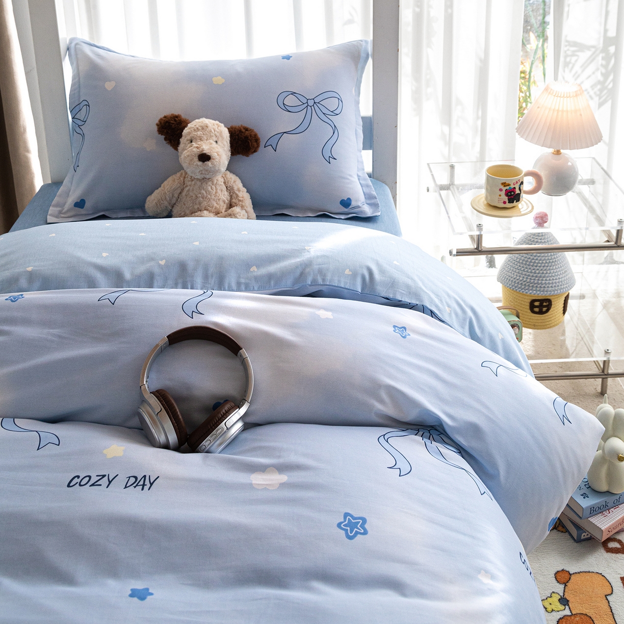 91家纺网 家纺一手货源 找家纺 梦纤绒 2026春夏新款全棉纯棉印花学生宿舍三件套 云朵蓝结