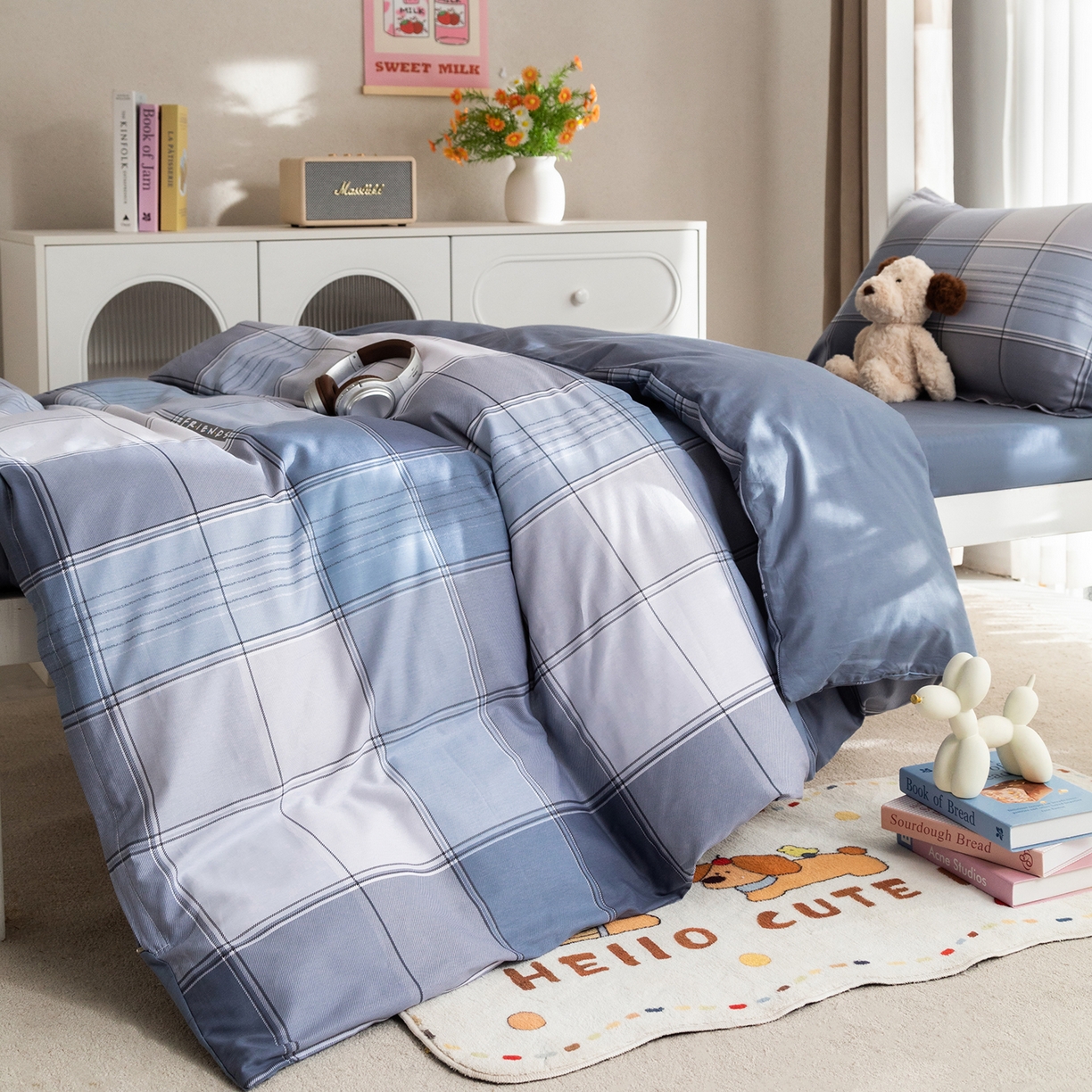 91家纺网 家纺一手货源 找家纺 梦纤绒 2026春夏新款全棉纯棉印花学生宿舍三件套 格序