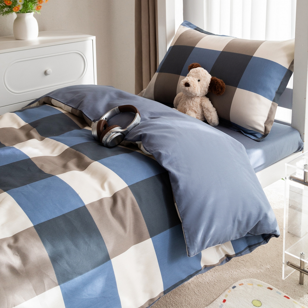 91家纺网 家纺一手货源 找家纺 梦纤绒 2026春夏新款全棉纯棉印花学生宿舍三件套 北欧简格