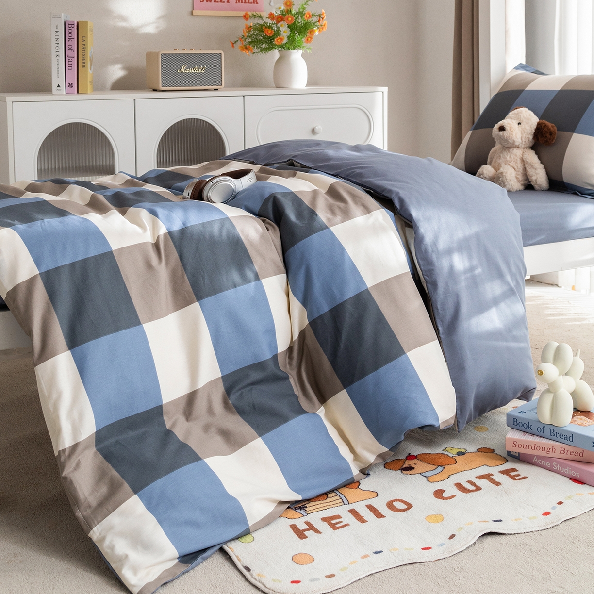 91家纺网 家纺一手货源 找家纺 梦纤绒 2026春夏新款全棉纯棉印花学生宿舍三件套 北欧简格