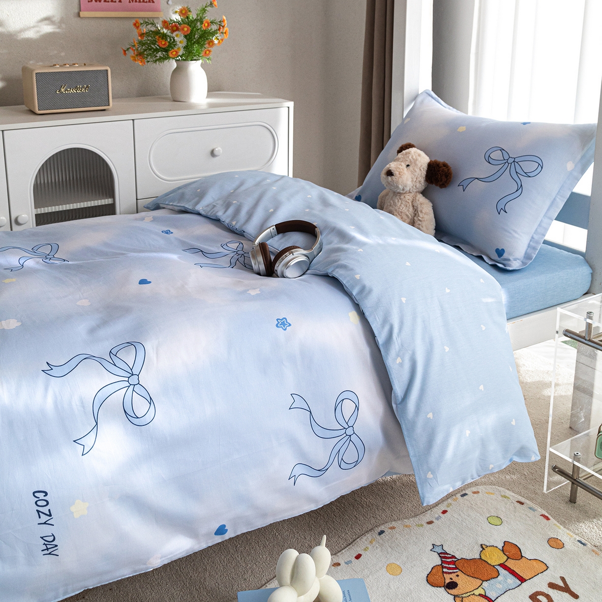 91家纺网 家纺一手货源 找家纺 梦纤绒 2026春夏新款全棉纯棉印花学生宿舍三件套 云朵蓝结