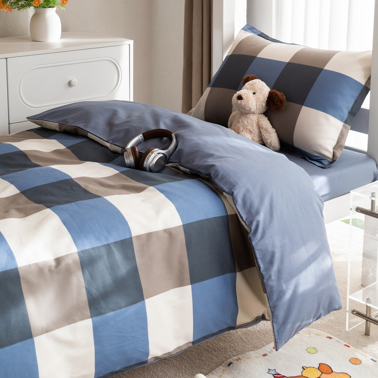 91家纺网 家纺一手货源 找家纺 梦纤绒 2026春夏新款全棉纯棉印花学生宿舍三件套 北欧简格