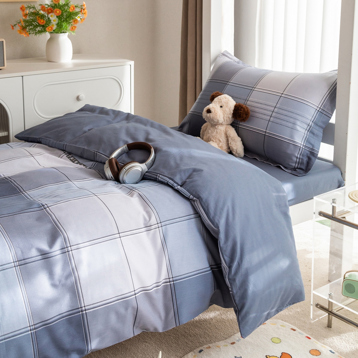 91家纺网 家纺一手货源 找家纺 梦纤绒 2026春夏新款全棉纯棉印花学生宿舍三件套 格序