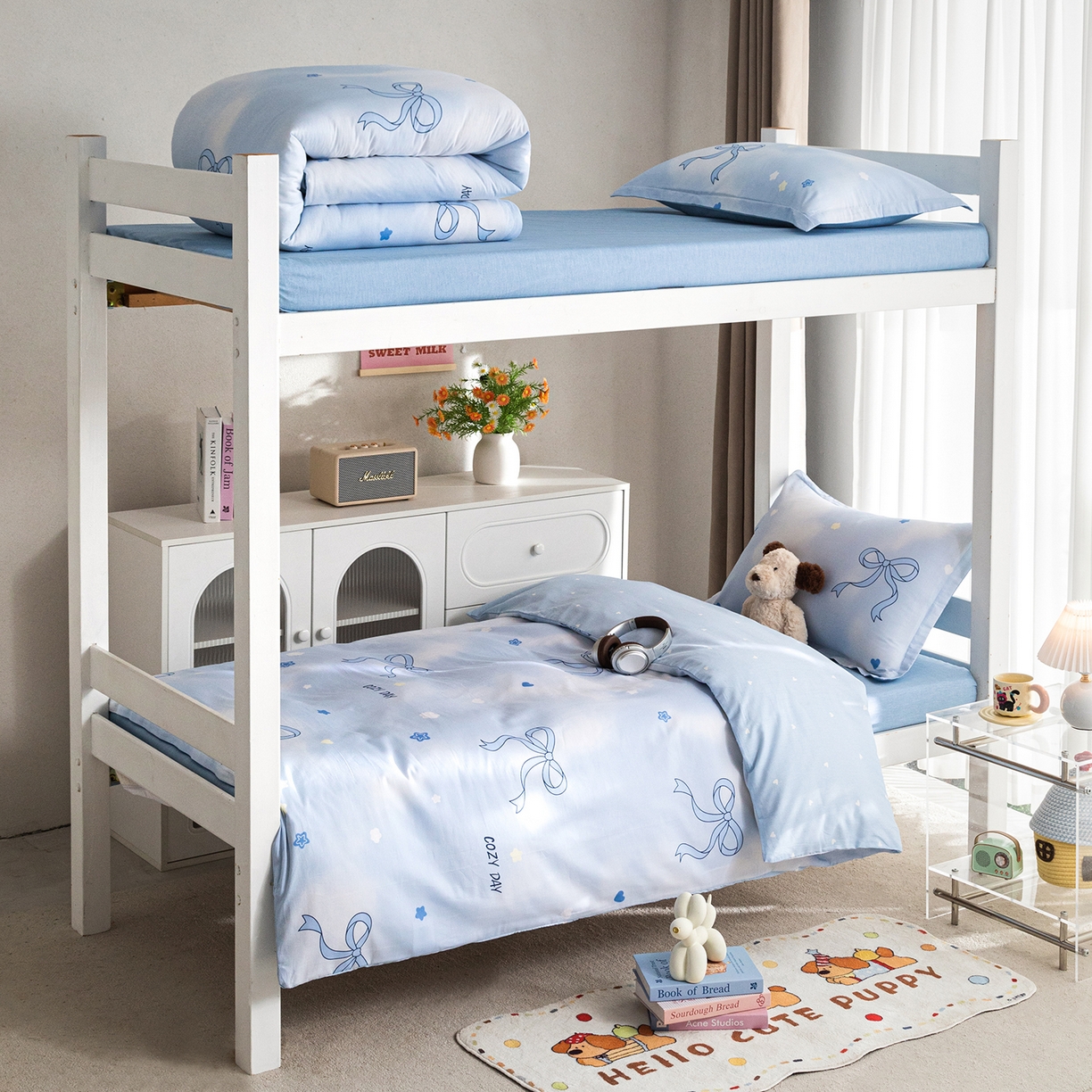 91家纺网 家纺一手货源 找家纺 梦纤绒 2026春夏新款全棉纯棉印花学生宿舍三件套 云朵蓝结