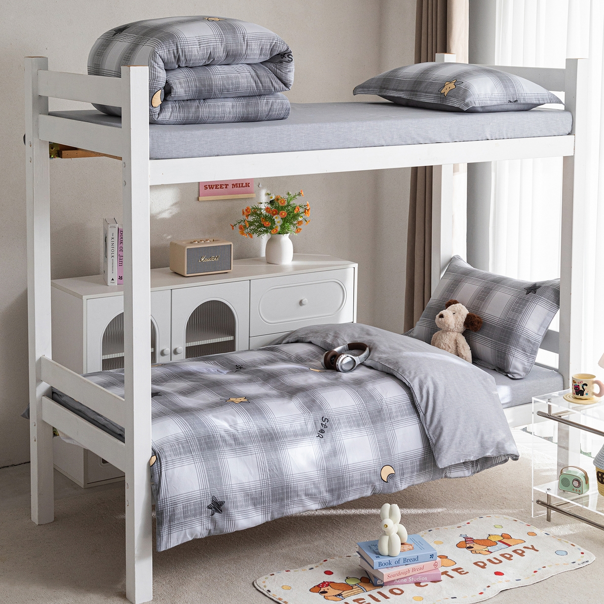 91家纺网 家纺一手货源 找家纺 梦纤绒 2026春夏新款全棉纯棉印花学生宿舍三件套 星空格