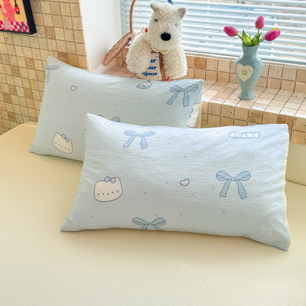 91家纺网 家纺一手货源 找家纺 川悦生活 2026新款云感双层纱木棉四件套 海盐小咪