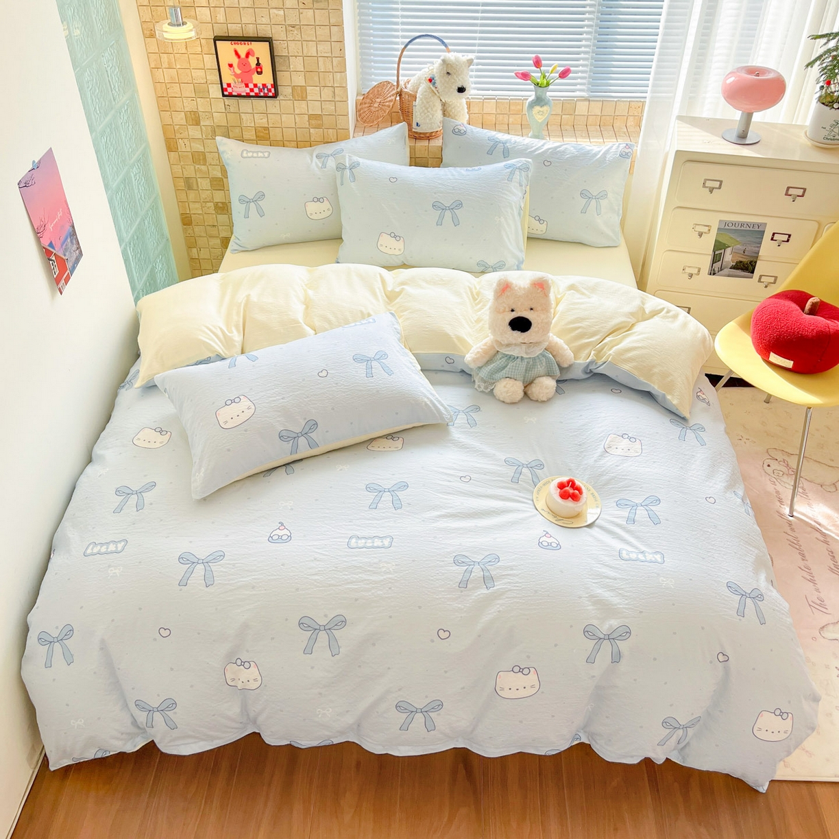 91家纺网 家纺一手货源 找家纺 川悦生活 2026新款云感双层纱木棉四件套 海盐小咪