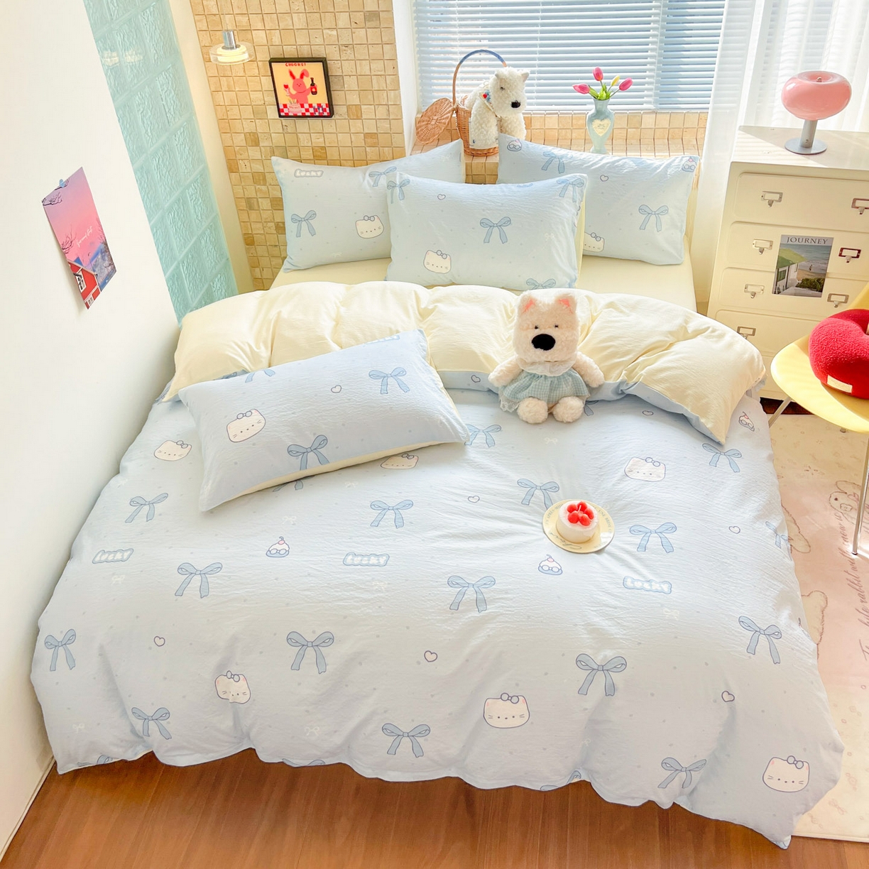 91家纺网 家纺一手货源 找家纺 川悦生活 2026新款云感双层纱木棉四件套 海盐小咪