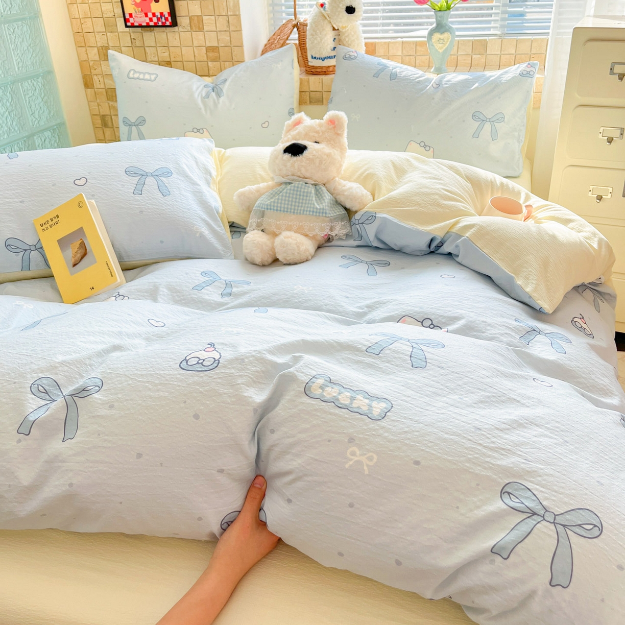 91家纺网 家纺一手货源 找家纺 川悦生活 2026新款云感双层纱木棉四件套 海盐小咪