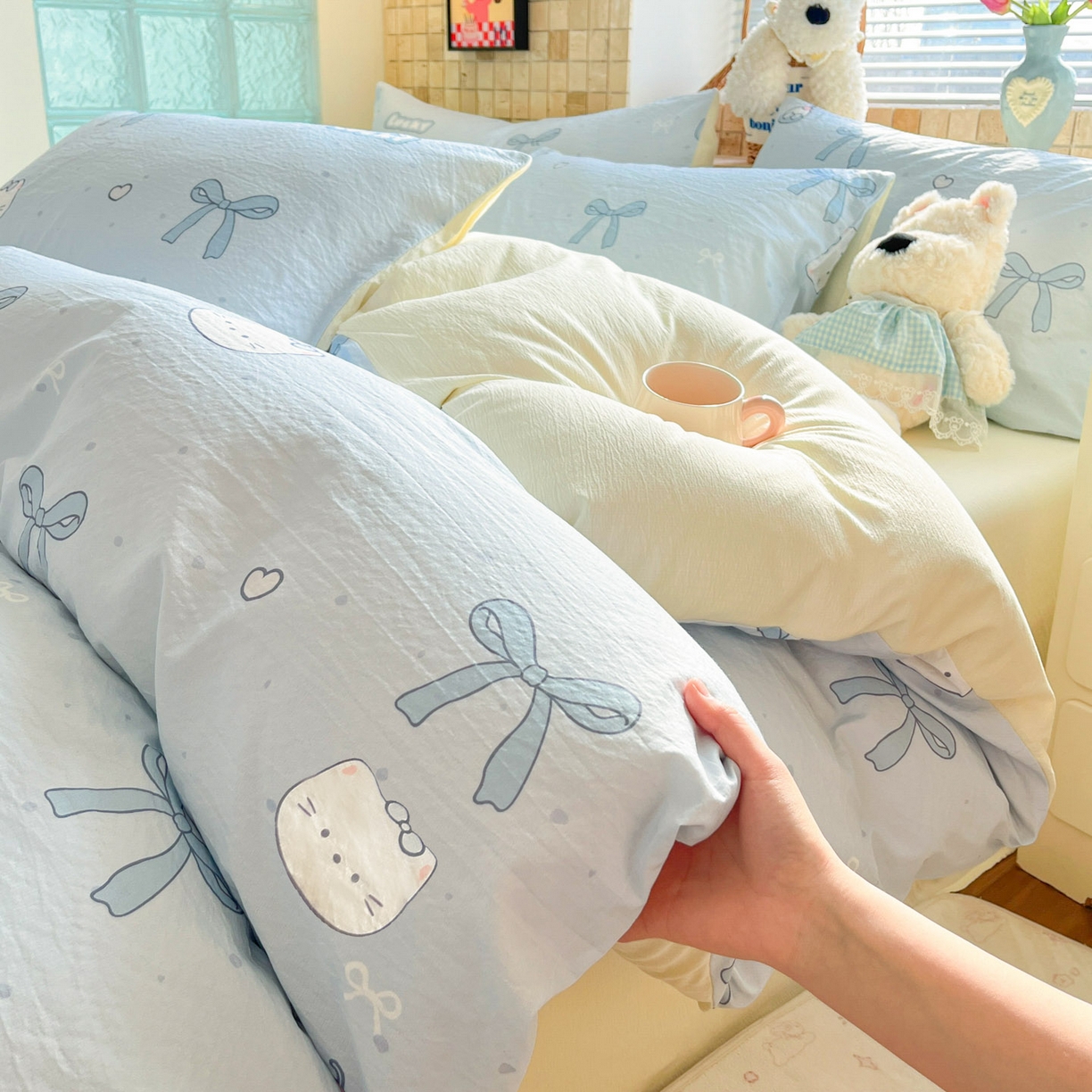川悦生活 2026新款云感双层纱木棉四件套 海盐小咪