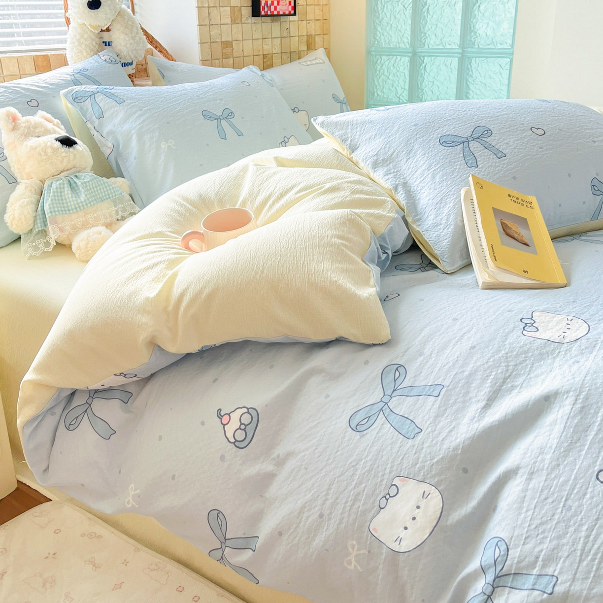 91家纺网 家纺一手货源 找家纺 川悦生活 2026新款云感双层纱木棉四件套 海盐小咪