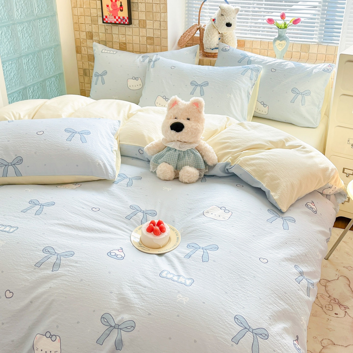 91家纺网 家纺一手货源 找家纺 川悦生活 2026新款云感双层纱木棉四件套 海盐小咪