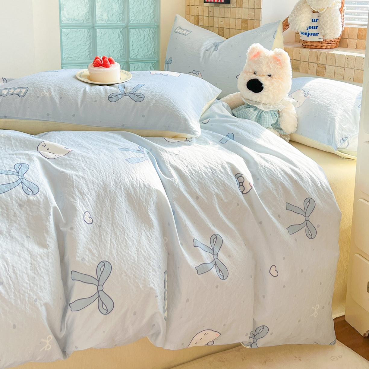 91家纺网 家纺一手货源 找家纺 川悦生活 2026新款云感双层纱木棉四件套 海盐小咪