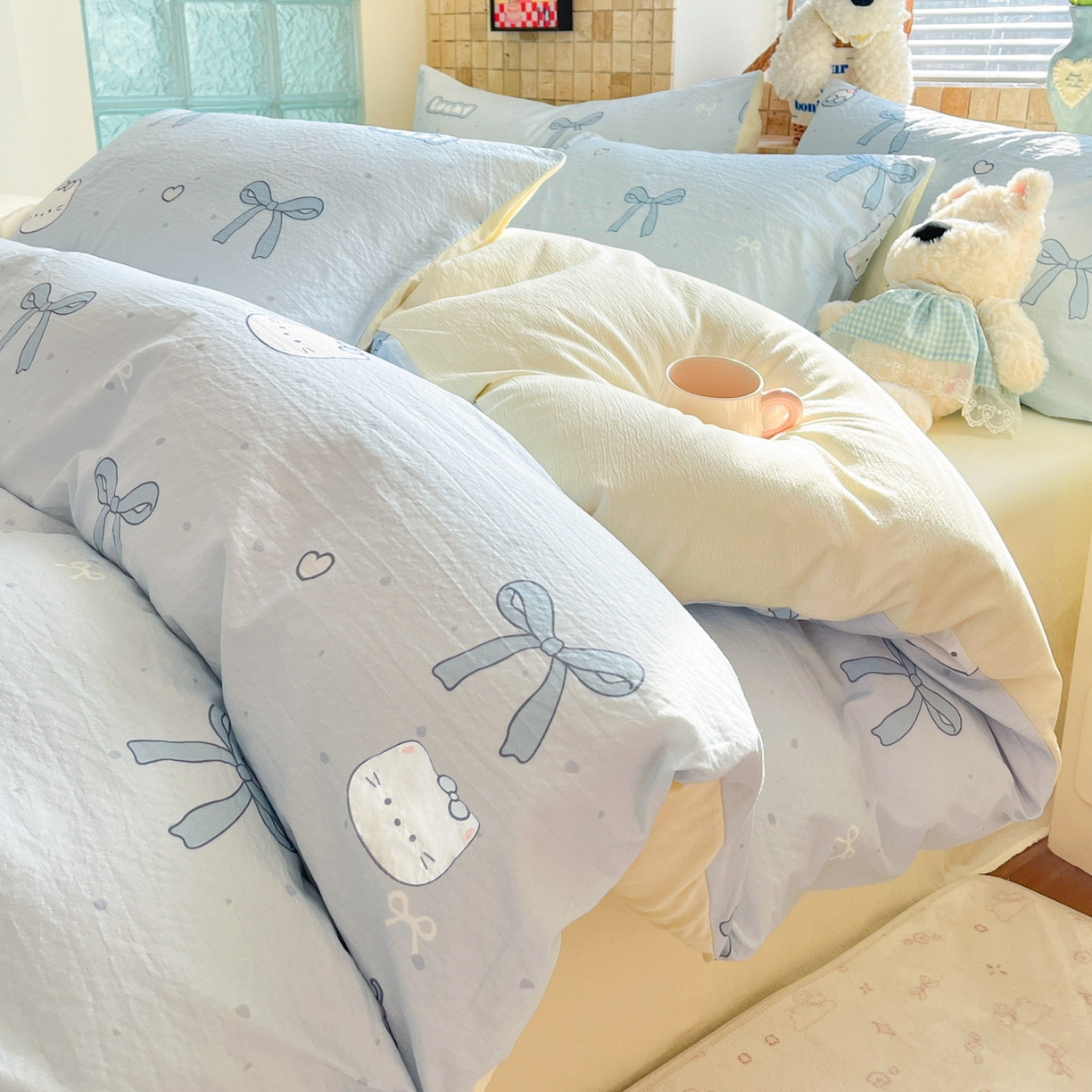 91家纺网 家纺一手货源 找家纺 川悦生活 2026新款云感双层纱木棉四件套 海盐小咪