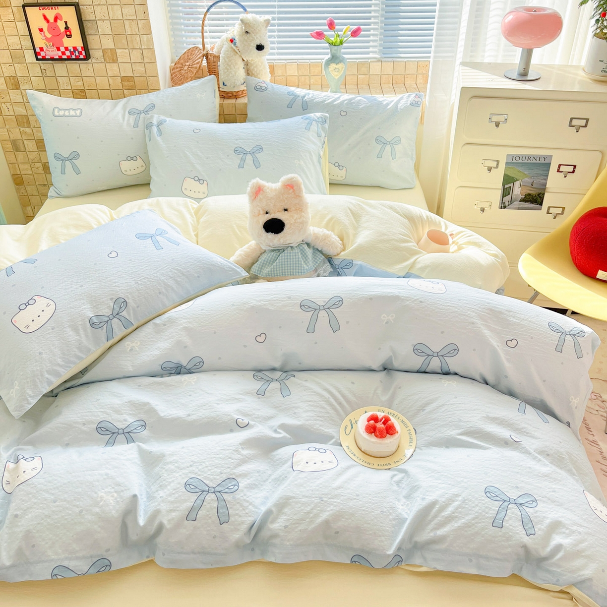 91家纺网 家纺一手货源 找家纺 川悦生活 2026新款云感双层纱木棉四件套 海盐小咪