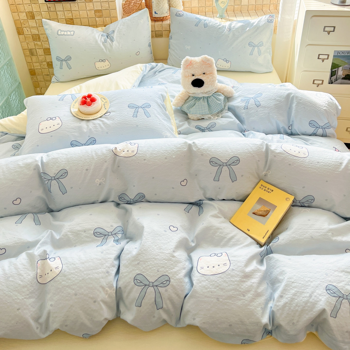 91家纺网 家纺一手货源 找家纺 川悦生活 2026新款云感双层纱木棉四件套 海盐小咪