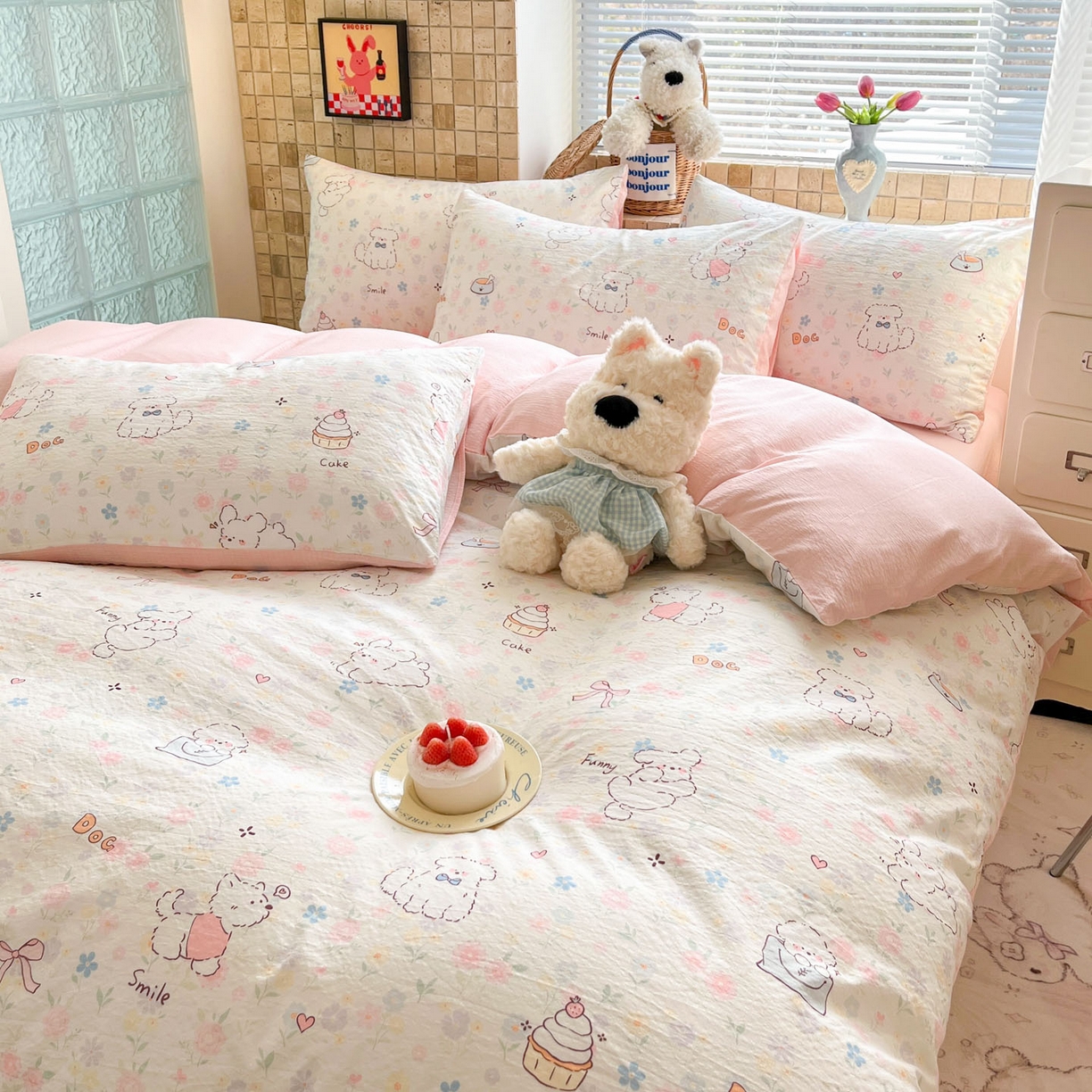 91家纺网 家纺一手货源 找家纺 川悦生活 2026新款云感双层纱木棉四件套 嘟嘟花园