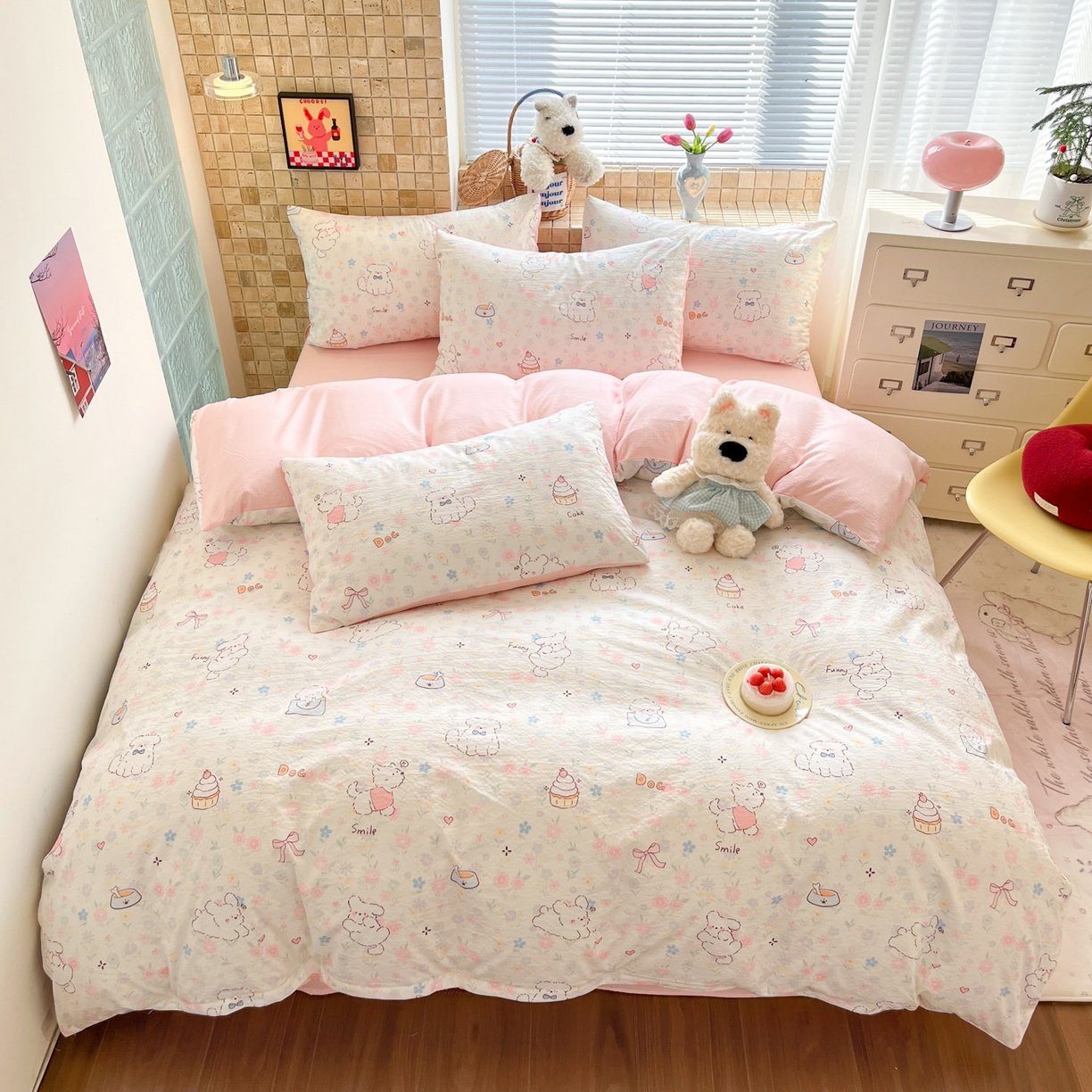 91家纺网 家纺一手货源 找家纺 川悦生活 2026新款云感双层纱木棉四件套 嘟嘟花园