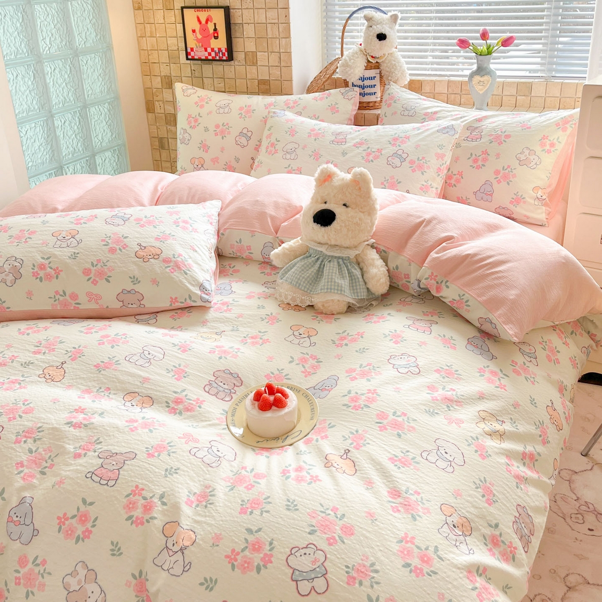 91家纺网 家纺一手货源 找家纺 川悦生活 2026新款云感双层纱木棉四件套 花都小狗