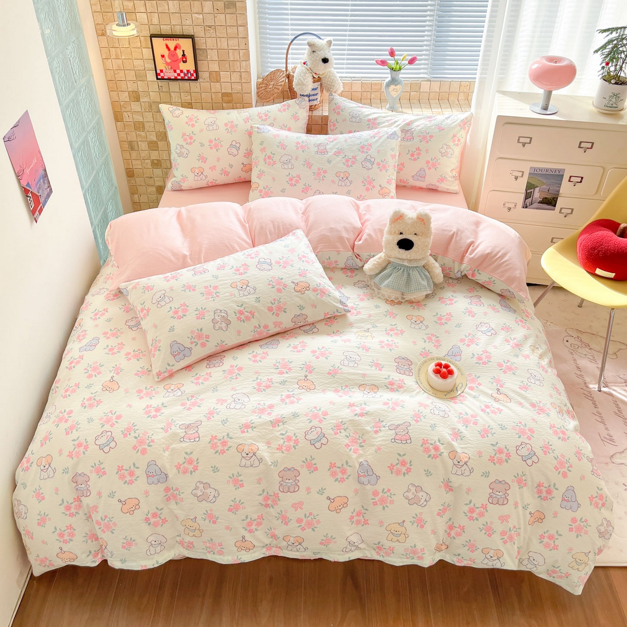 91家纺网 家纺一手货源 找家纺 川悦生活 2026新款云感双层纱木棉四件套 花都小狗