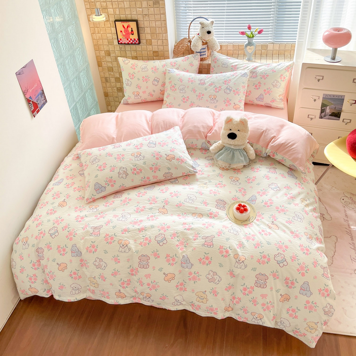 91家纺网 家纺一手货源 找家纺 川悦生活 2026新款云感双层纱木棉四件套 花都小狗