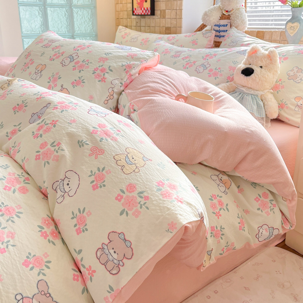 91家纺网 家纺一手货源 找家纺 川悦生活 2026新款云感双层纱木棉四件套 花都小狗