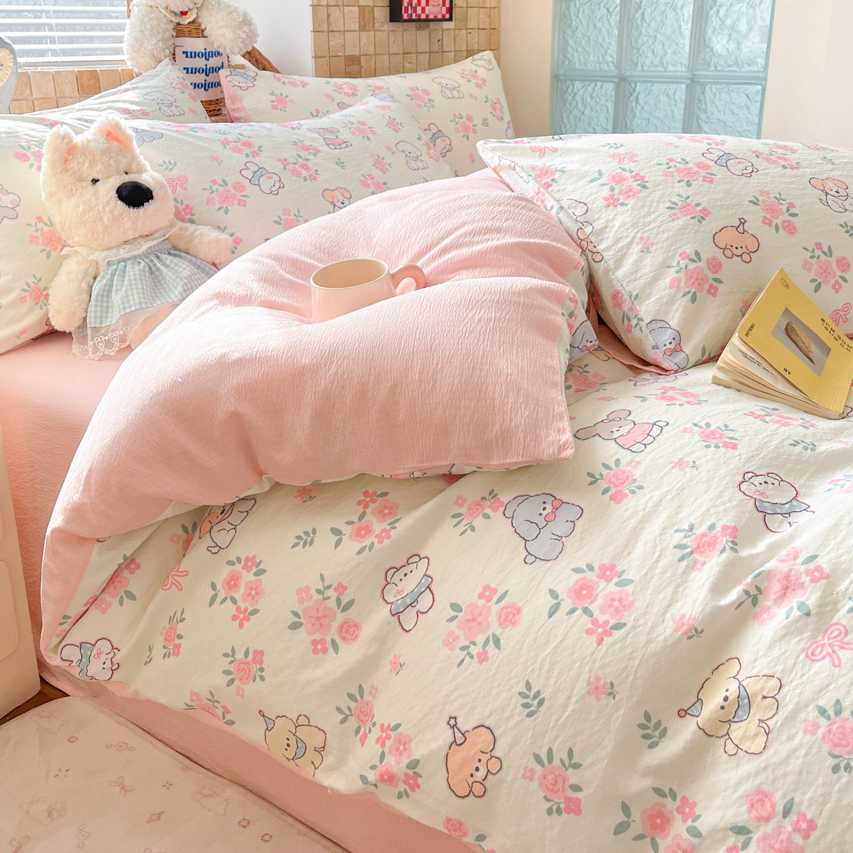 91家纺网 家纺一手货源 找家纺 川悦生活 2026新款云感双层纱木棉四件套 花都小狗