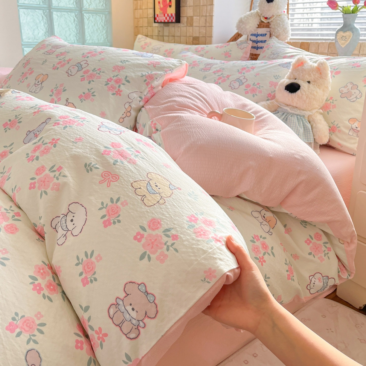 川悦生活 2026新款云感双层纱木棉四件套 花都小狗