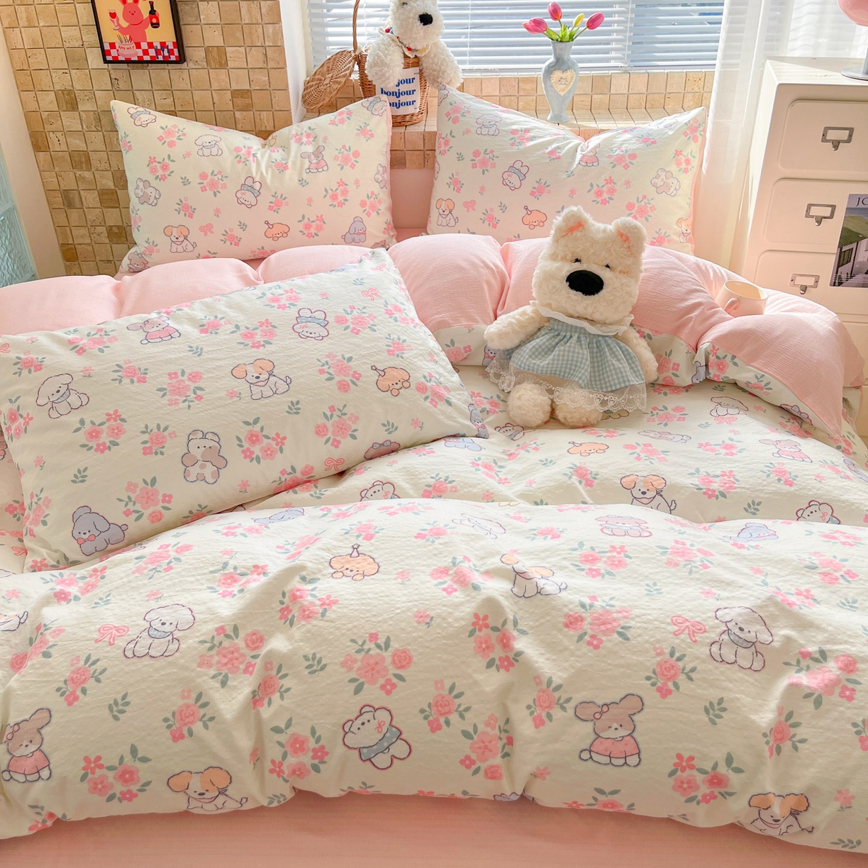 91家纺网 家纺一手货源 找家纺 川悦生活 2026新款云感双层纱木棉四件套 花都小狗