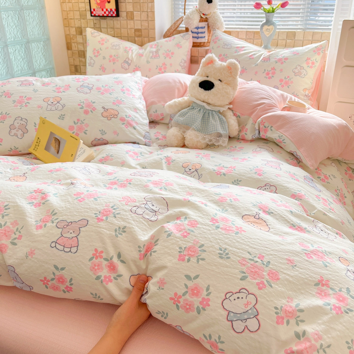 91家纺网 家纺一手货源 找家纺 川悦生活 2026新款云感双层纱木棉四件套 花都小狗