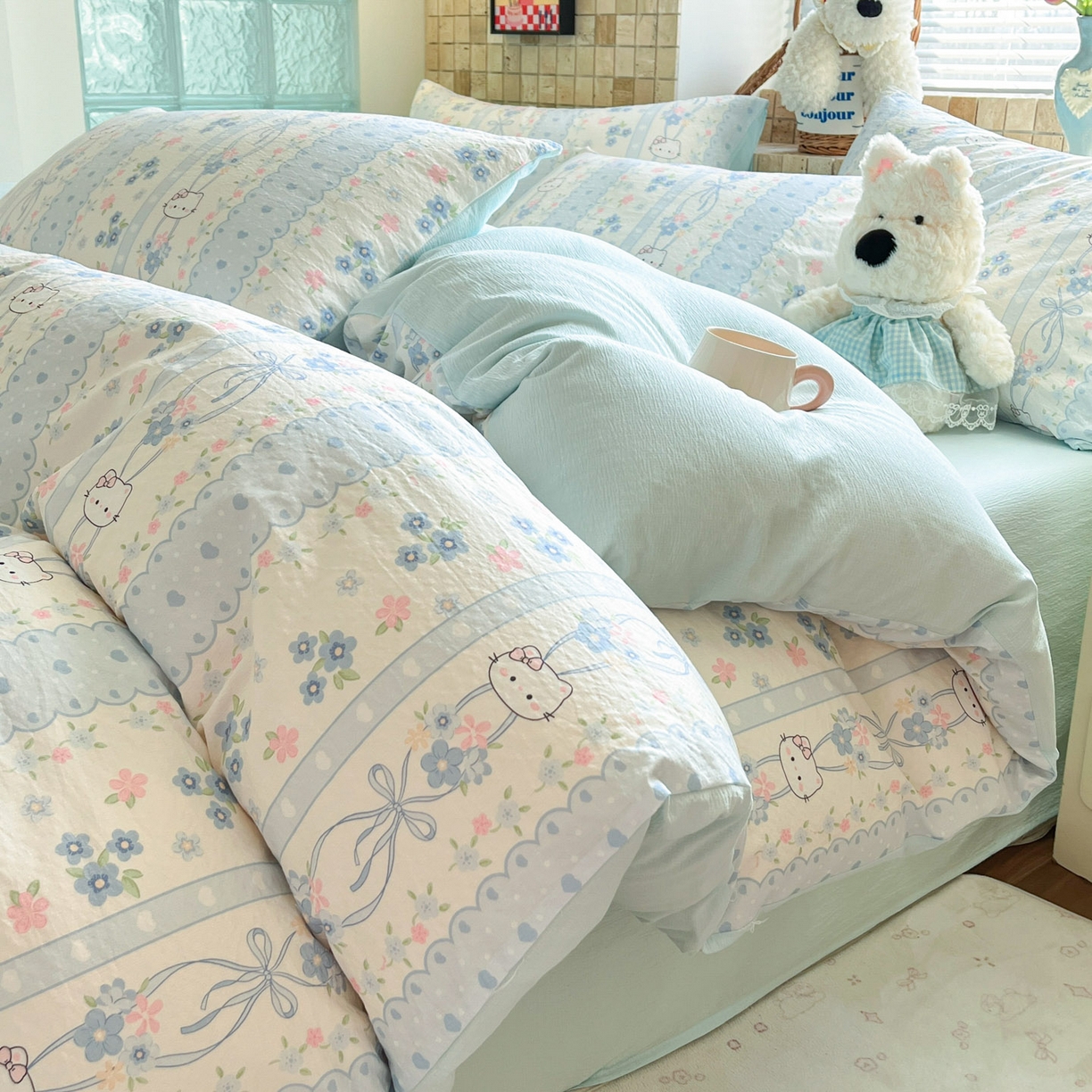 91家纺网 家纺一手货源 找家纺 川悦生活 2026新款云感双层纱木棉四件套 花艺喵喵