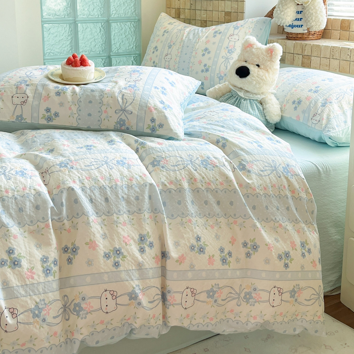 91家纺网 家纺一手货源 找家纺 川悦生活 2026新款云感双层纱木棉四件套 花艺喵喵