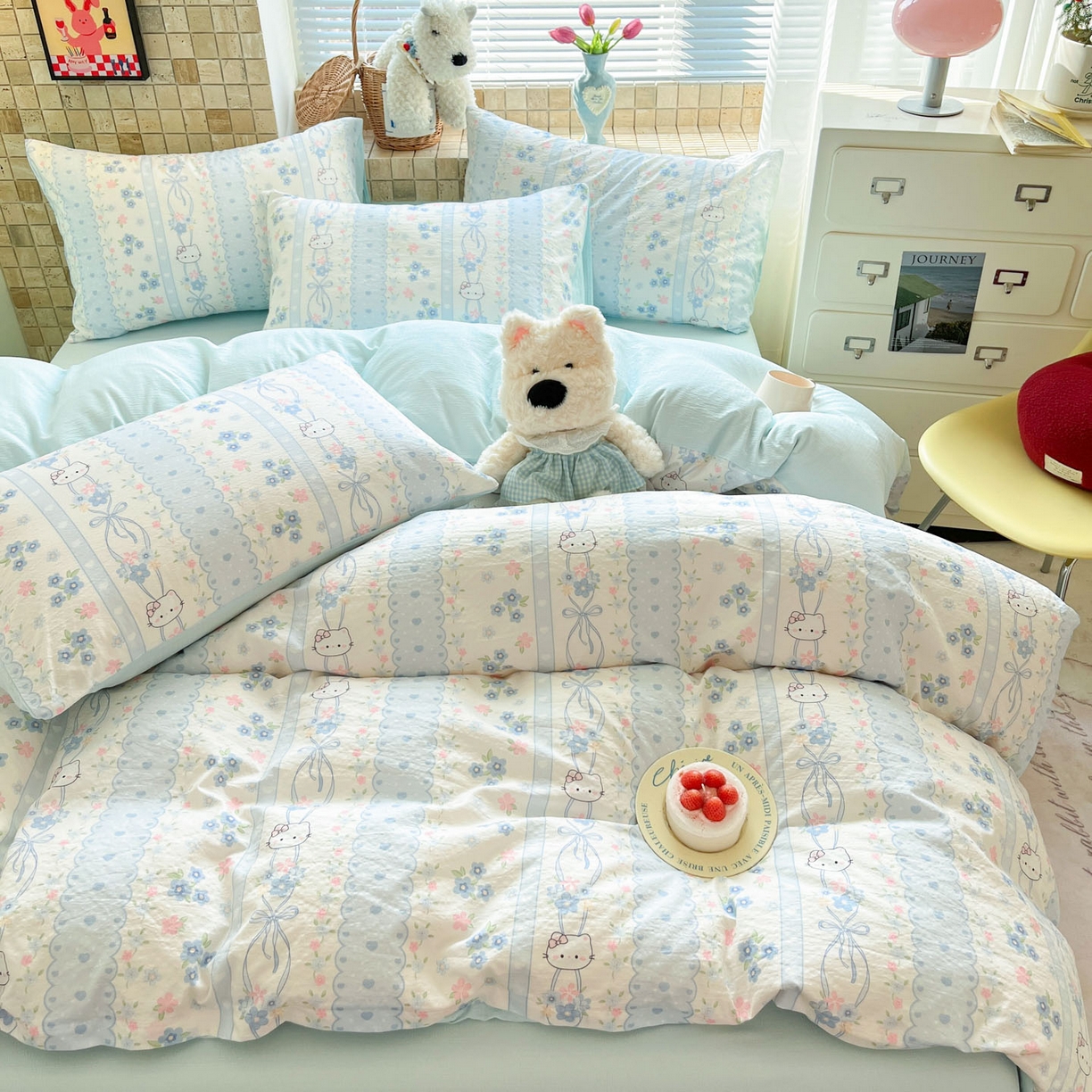 91家纺网 家纺一手货源 找家纺 川悦生活 2026新款云感双层纱木棉四件套 花艺喵喵