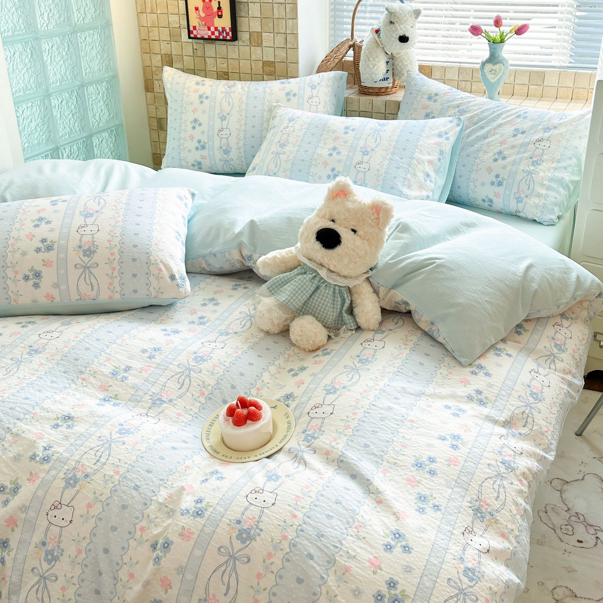 91家纺网 家纺一手货源 找家纺 川悦生活 2026新款云感双层纱木棉四件套 花艺喵喵