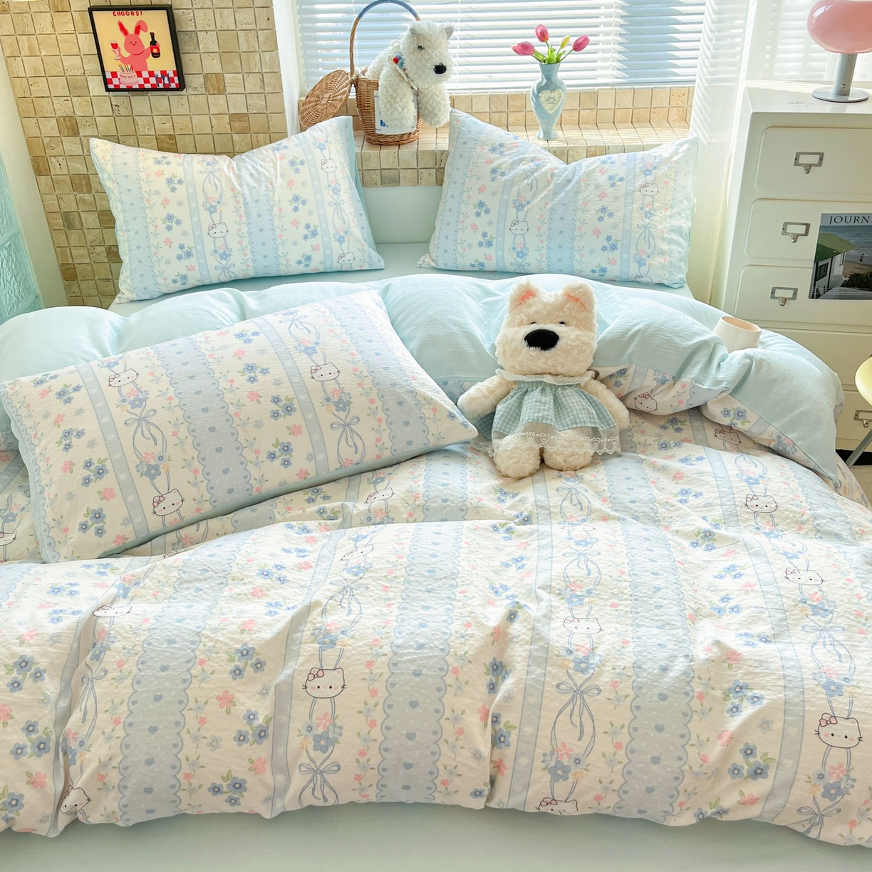 91家纺网 家纺一手货源 找家纺 川悦生活 2026新款云感双层纱木棉四件套 花艺喵喵